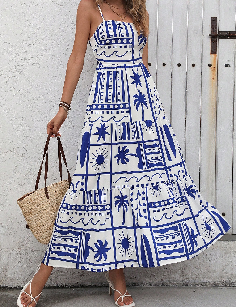 Rochie lunga SHEIN, albastru/alb