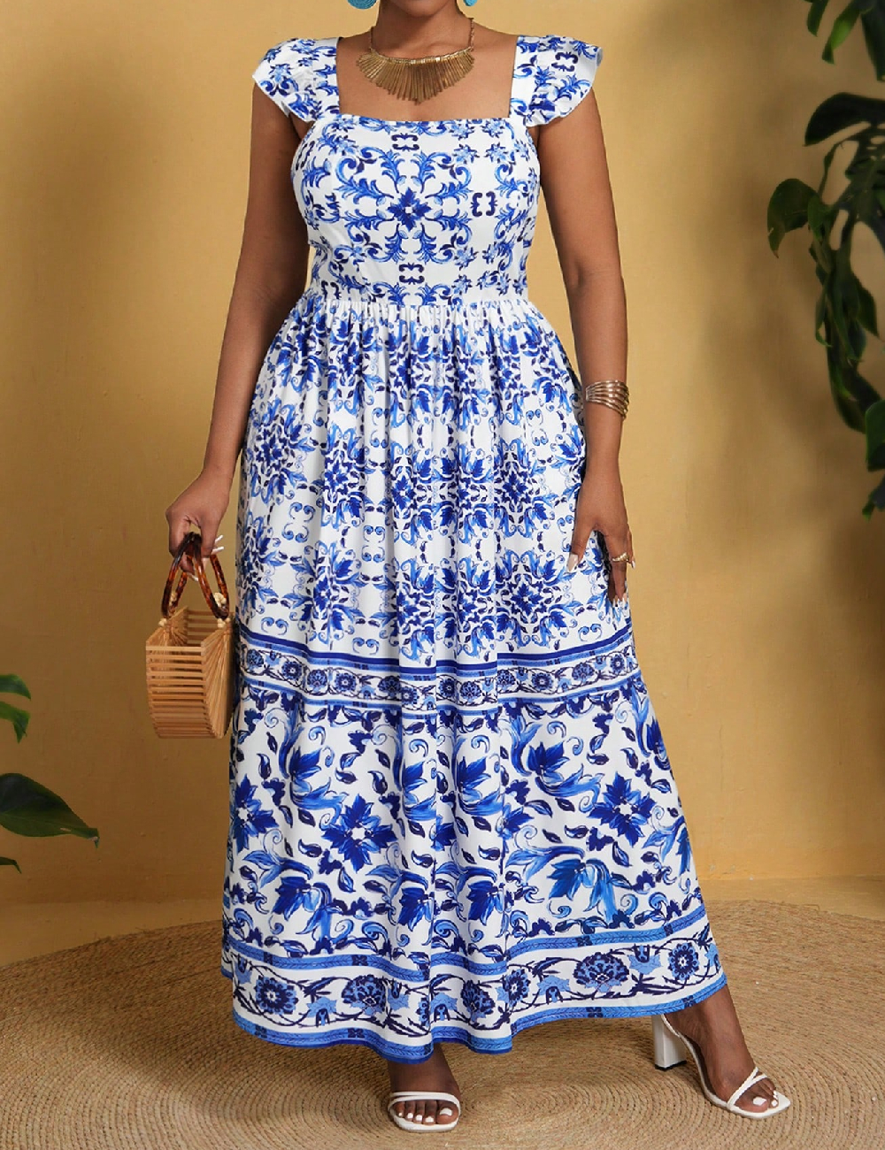 Rochie lunga SHEIN CURVE, alb/albastru