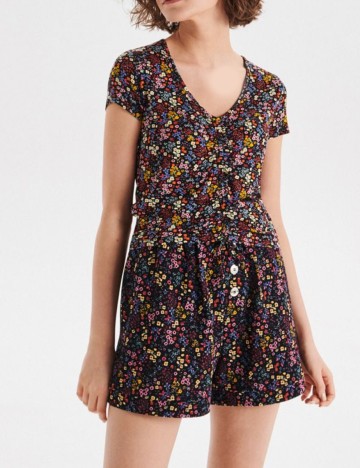 Tricou CROPP, negru floral, L