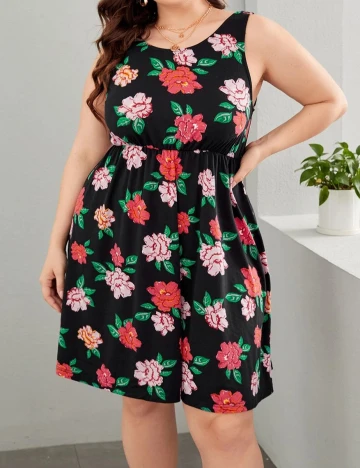 Rochie scurta SHEIN CURVE, negru floral, 2XL