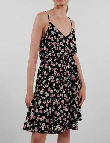 Rochie scurta Pieces, negru floral Negru
