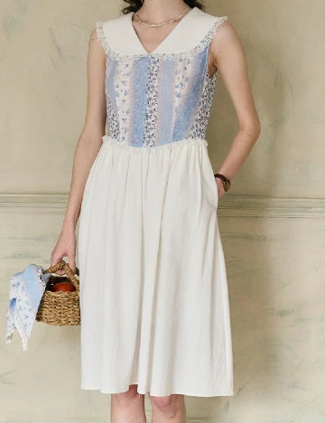 Rochie medie Simple Retro, alb/albastru