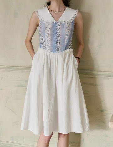 Rochie medie Simple Retro, alb/albastru