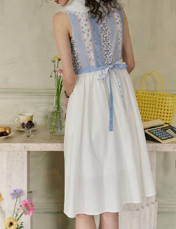 Rochie medie Simple Retro, alb/albastru