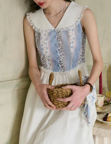 Rochie medie Simple Retro, alb/albastru