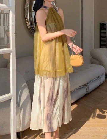 Rochie lunga Dazy, crem/verde