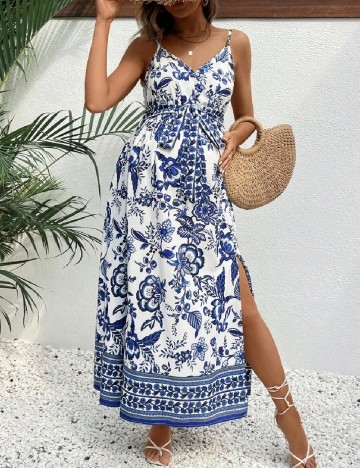 Rochie lunga SHEIN Maternity, alb/albastru