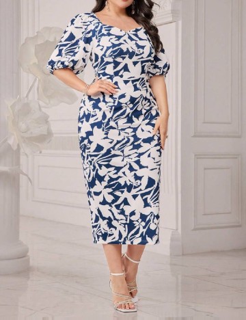 Rochie medie SHEIN CURVE, alb/albastru