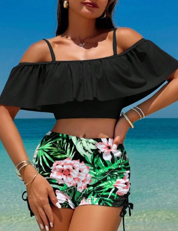 
						Costum de baie SHEIN, negru/verde