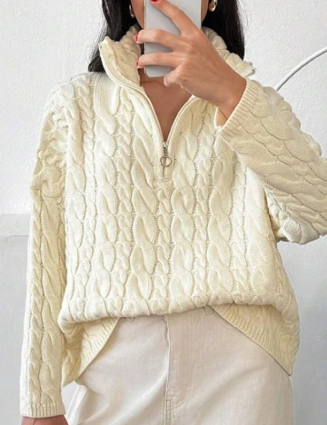Pulover Oversize SHEIN, ecru Alb