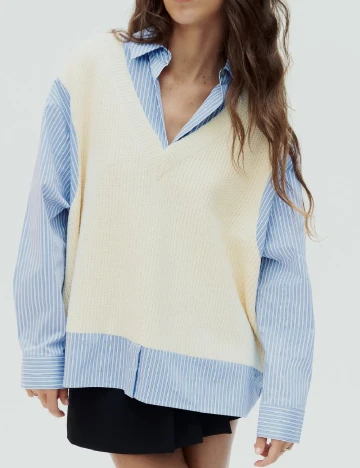 Bluza Oversize Zara, crem/albastru