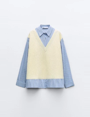 Bluza Oversize Zara, crem/albastru