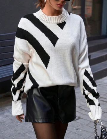 Pulover Oversize SHEIN, alb/negru Alb