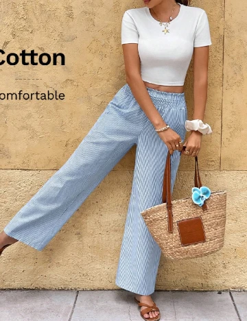 Pantaloni SHEIN, albastru/alb