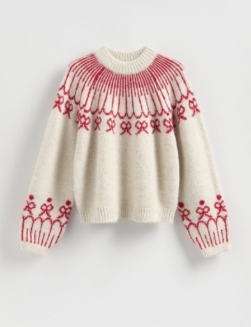 
						Pulover Reserved, ecru/rosu