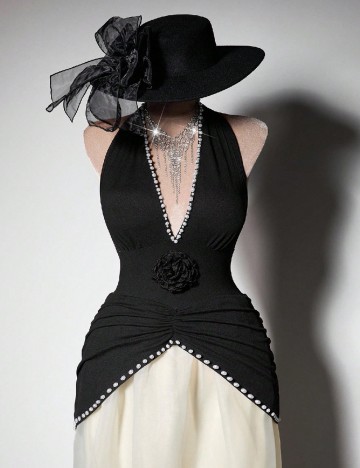 Rochie lunga SHEIN CURVE, negru/ecru