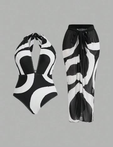 Costum de baie SHEIN CURVE, alb/negru