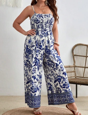 Salopeta SHEIN CURVE, alb/albastru