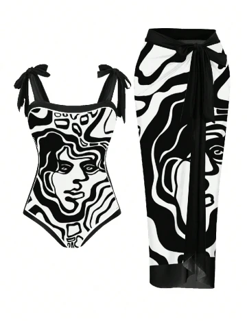 Costum de baie SHEIN CURVE, alb/negru