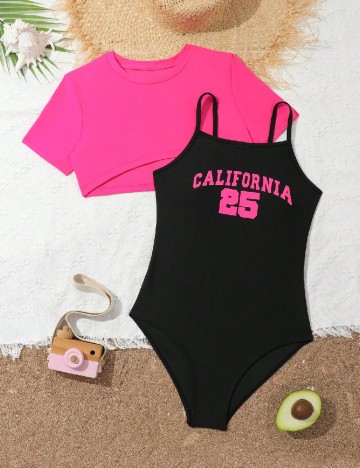 
						Costum de baie Shein Kids, roz/negru