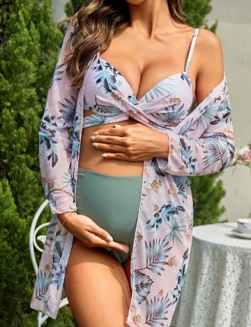 Costum de baie SHEIN Maternity, roz/verde
