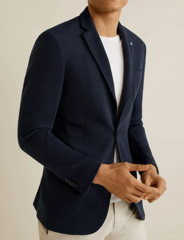 Sacou slim fit din bumbac structurat, albastru, 44